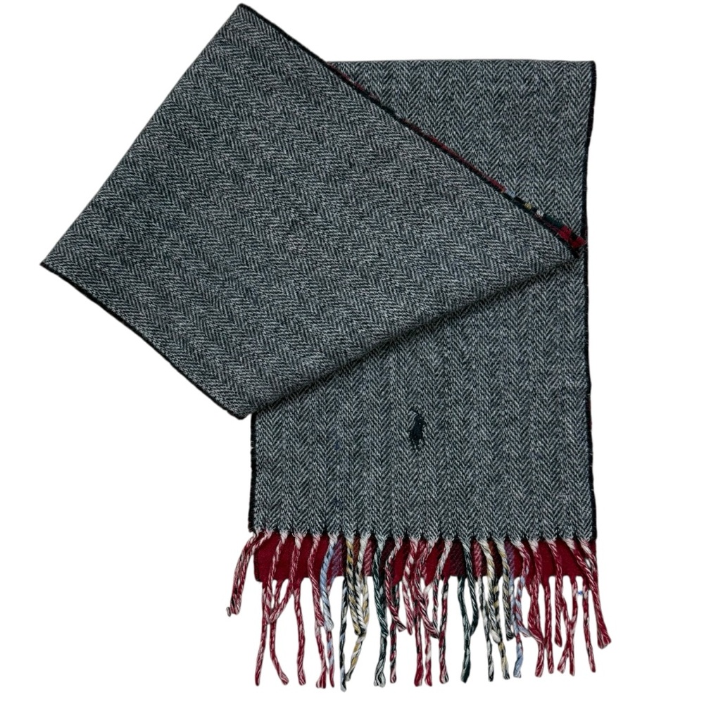 Polo Ralph Lauren 80% Lambswool Reversible Scarf Herringbone Tartan Plaid Fringe
